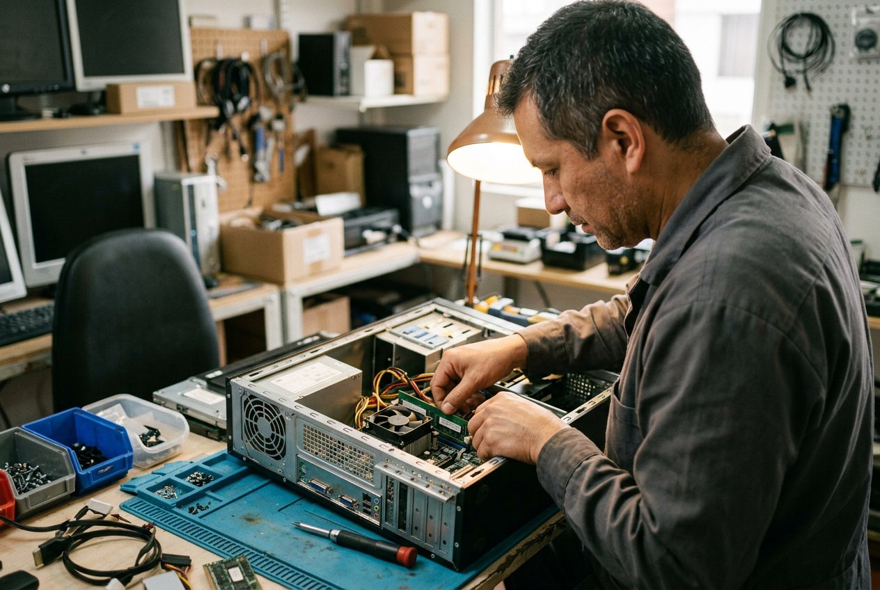 Técnico instalando memoria RAM en un computador de escritorio en el taller