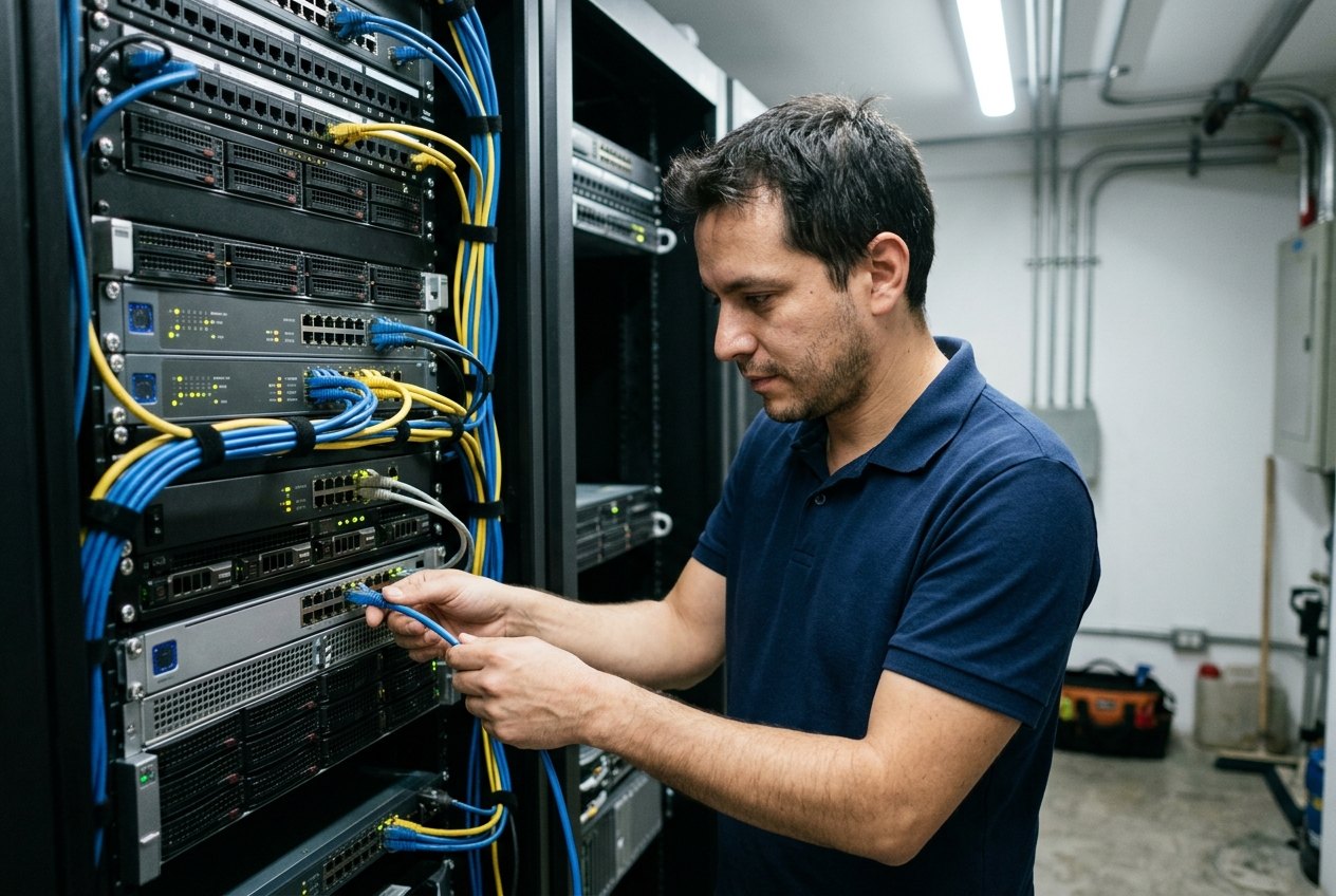 Ingeniero conectando cables de red en un rack de servidores
