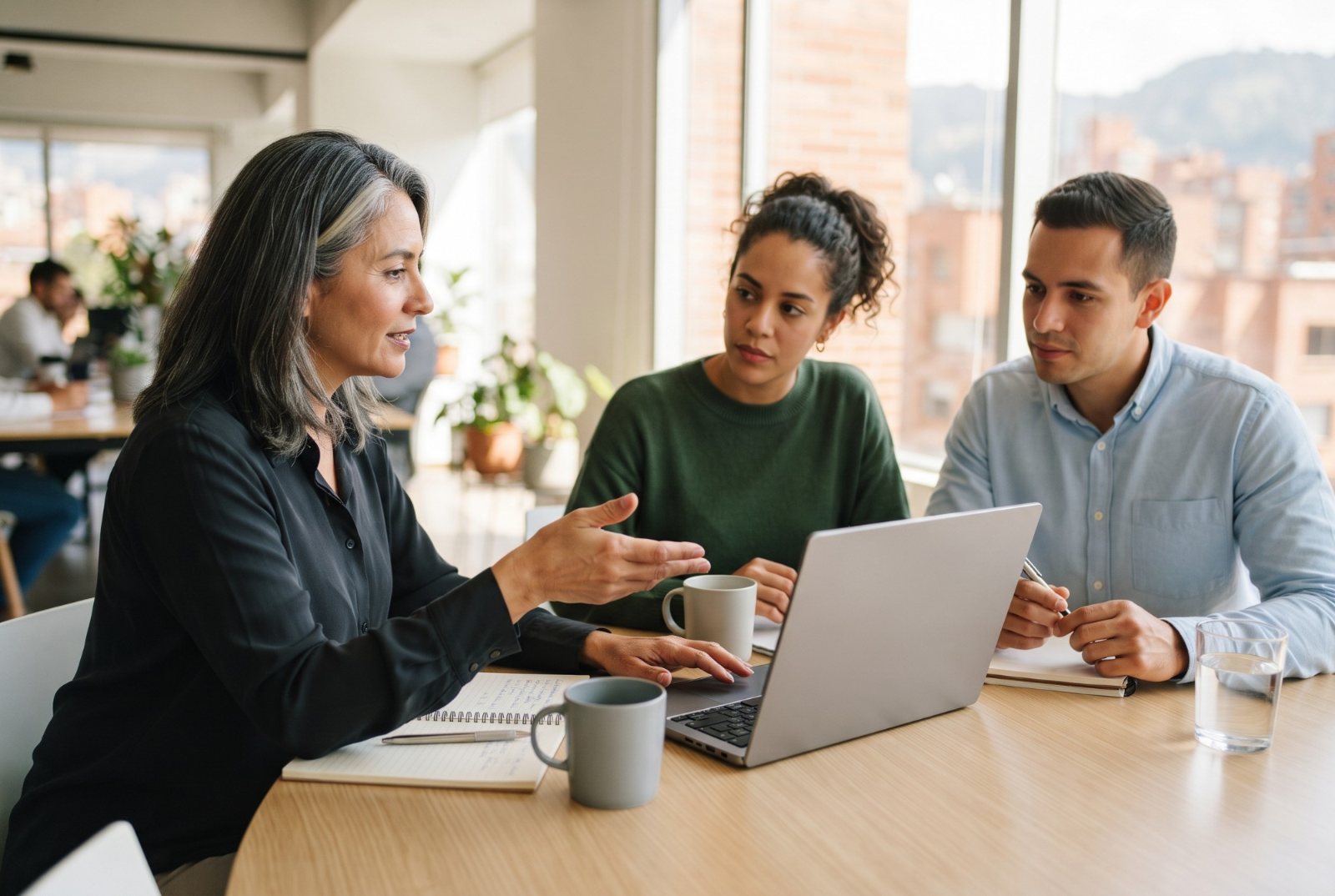 Equipo de trabajo revisando un plan en un portátil durante una reunión